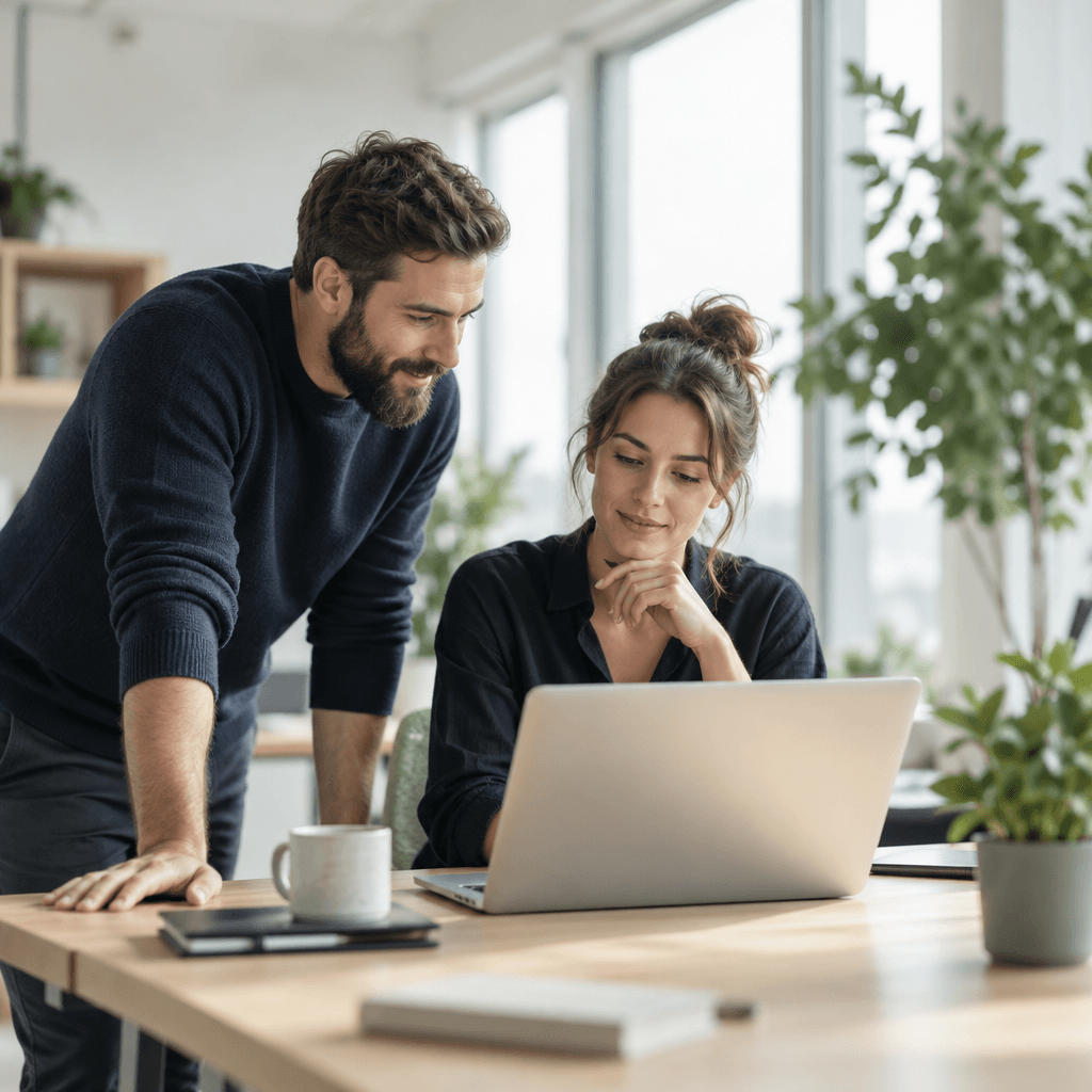Two colleagues reviewing work together at a laptop