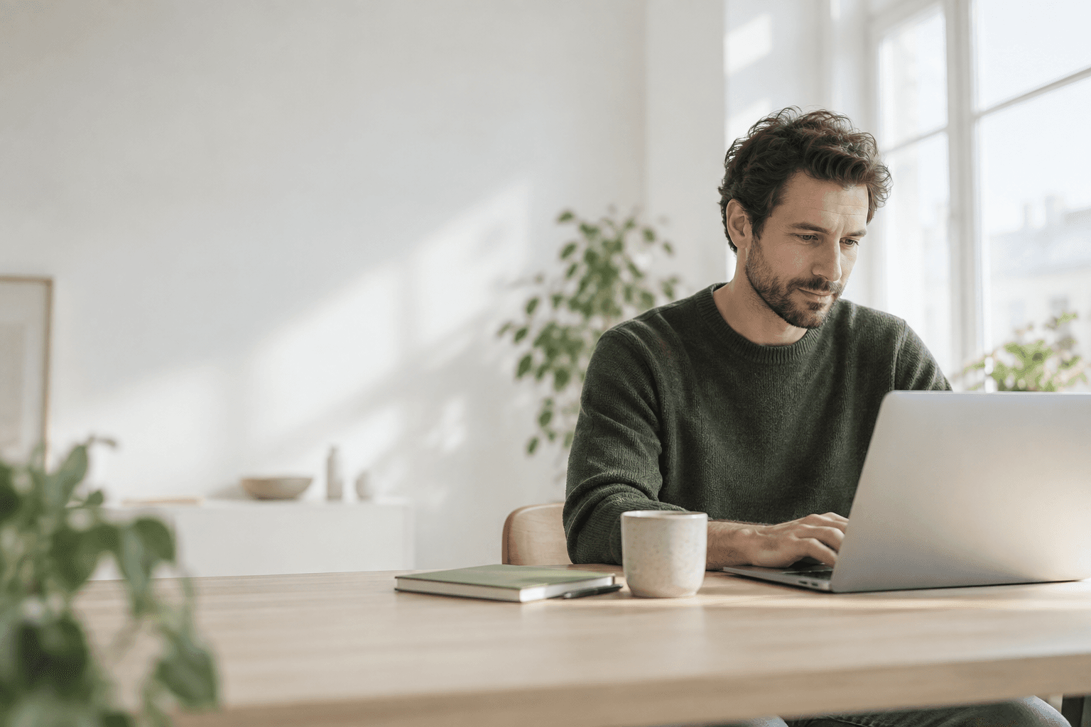 A founder working at a laptop in a bright Nordic office